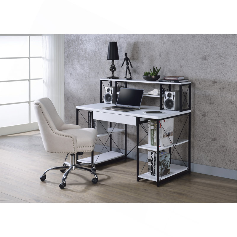 Bureau d'écriture polyvalent et moderne avec une construction robuste et beaucoup de rangement, Blanc