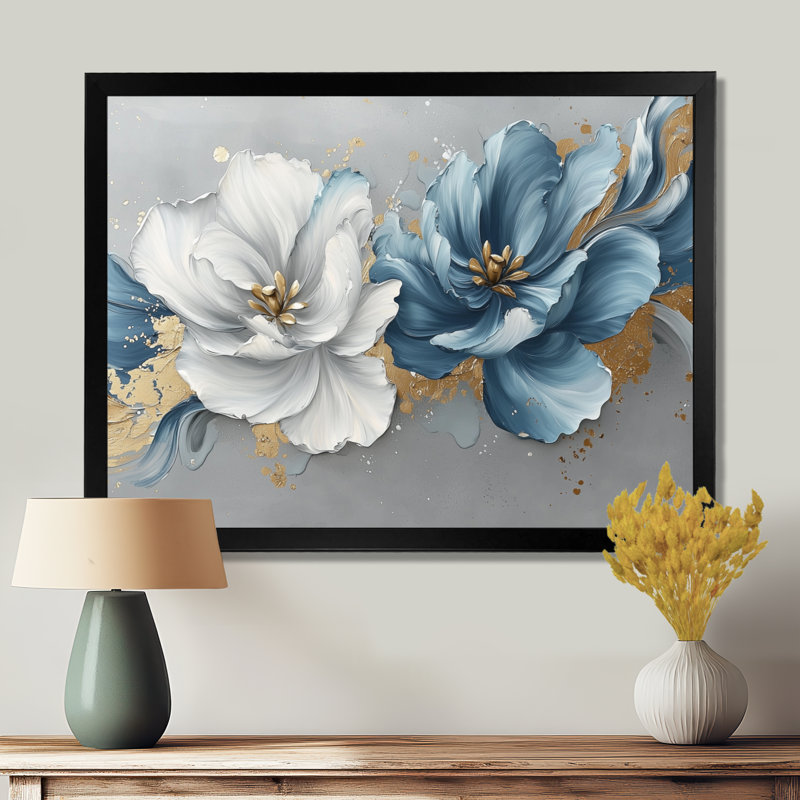 Tulipes bleues et or bleues, H 30 po x l 40 po, Floater Framed, Noir, noir, noir, noir