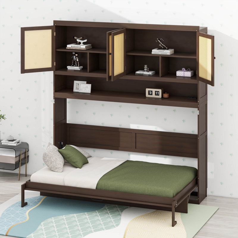 Lit escamotable horizontal simple avec combo bureau, tablette de rangement et armoires, lumières DEL, Espresso