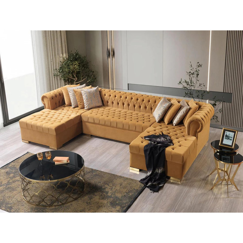 Canapé modulaire et repose-pieds Jelinek, Velours moutarde