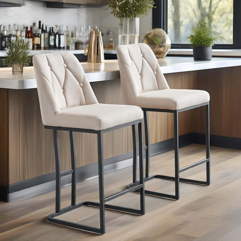 Set of 2,Modern Upholstered Bar Stool with Button-Tufted Backrest, Counter Height Chair with Sturdy Metal Frame, Comfortable Padded Seat for Kitchen, Bar, or Dining Room
