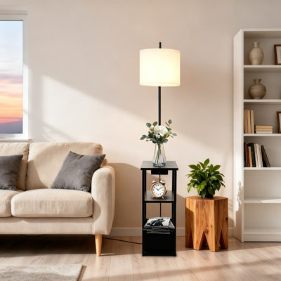 Lampe sur pied multifonctionnelle avec table d'appoint et station de charge - Éclairage à DEL réglable à 3 tons, ports USB-A / USB-C et prise de courant CA pour la chambre à coucher, le salon et le bureau à domicile