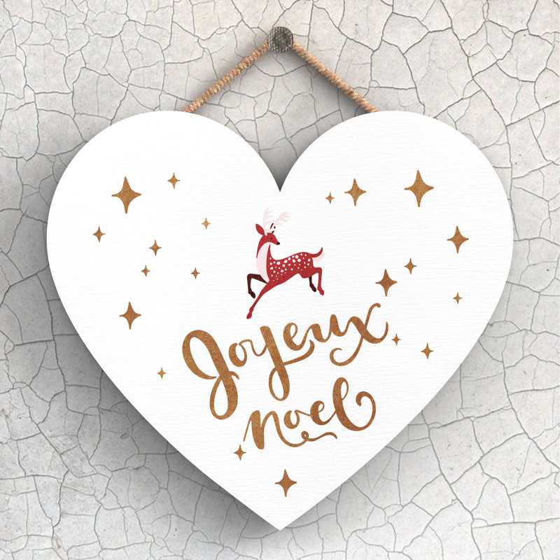 Xmas Joyeux Noel Wooden Heart Plaque, 16cm H x 17cm W x 0.9cm D
