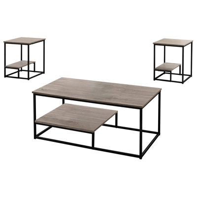Mobilier de salon - table 3 pièces, table basse avec 2 tables de bout, stratifié taupe, détails en métal noir, 3 pièces modernes et plateaux stratifiés, rangement supplémentaire, accessoires, ameublement
