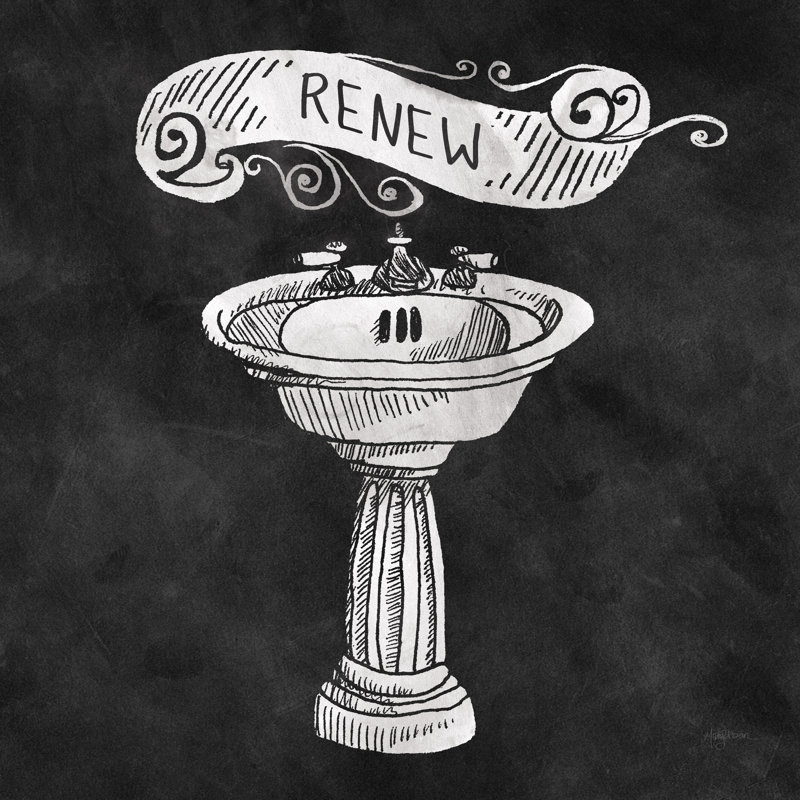 «Chalkboard Bath Renew» par Mary Urban - impression sur toile tendue, H 36 po x l 36 po, Cadre photo noyer, Non