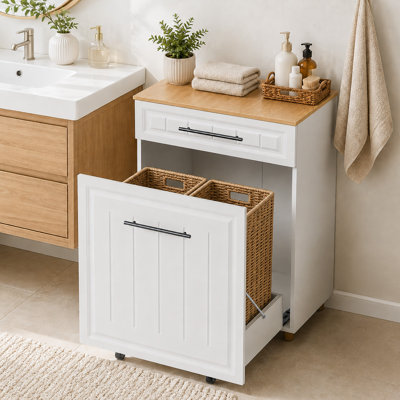 Double Pull Out Trash Can Cabinet For 2×10 Gallon Bins, Pet Proof Hidden Trash Bin Cabinet With Drawer, Freestanding Wooden Garbage Recycling & Laundry Hamper For Kitchen, Laundry, Living Room