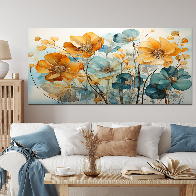 «Teal Orange Botanical Fragments I - Abstract Botanicals», art encadré, Toile tendue, 28" H x 60" W