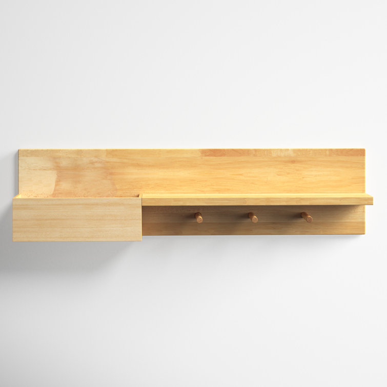 Slim Wood Wall Shelf With Hooks