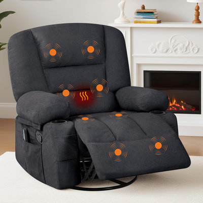 Oversized Wide Recliner Chair-Heat and Vibration Massage, 360° Swivel Rocker Chair with Cup Holders & Side Pocket