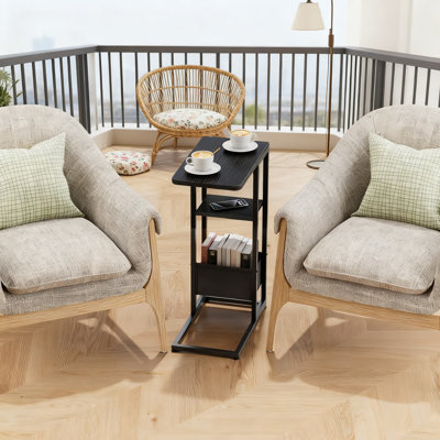 C-Shaped End Table With Storage Bag, Slide Under Sofa Side Table For Living Room, Bedroom, And Small Spaces, Multi-Level Snack And Laptop Table