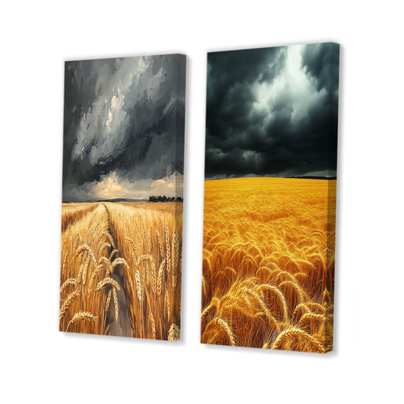 «Countryside Golden Wheat Under Storm Clouds III», art mural 2 panneaux, Toile tendue, H 28 po x l 25 po