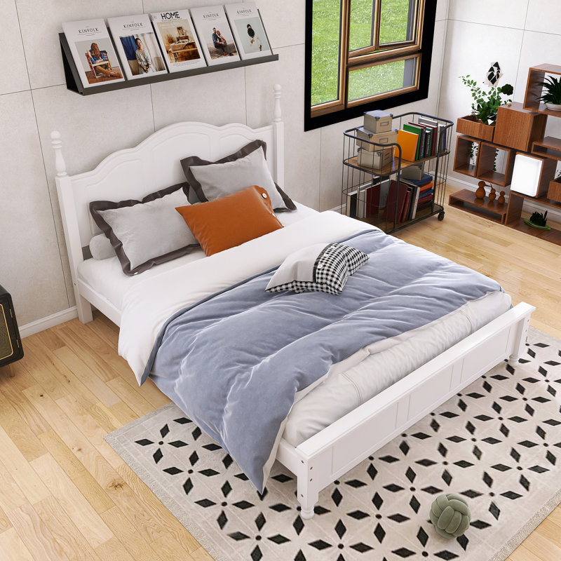 Grand lit plateforme avec cadre en bois avec support en lattes de bois, Grand lit, Blanc