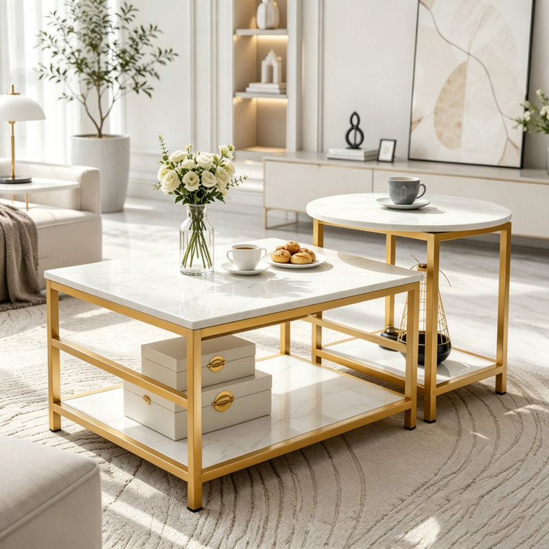 Ensemble de 2 tables basses imitation marbre et or