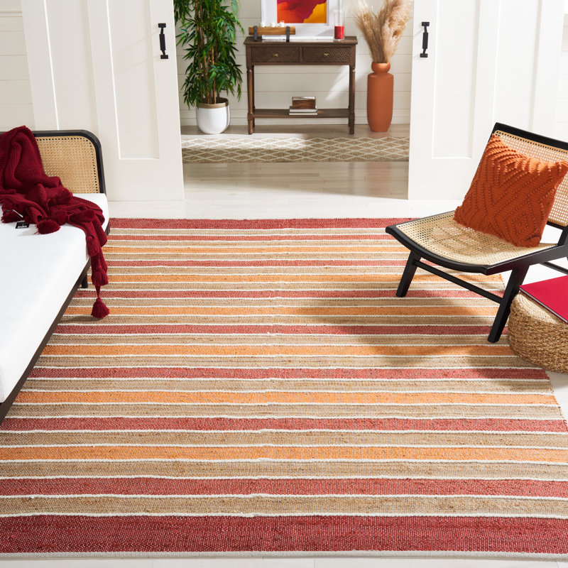 Alassane Hand Woven Jute/Cotton/Wool Striped Rug in Rust/Red, Square 6'6"
