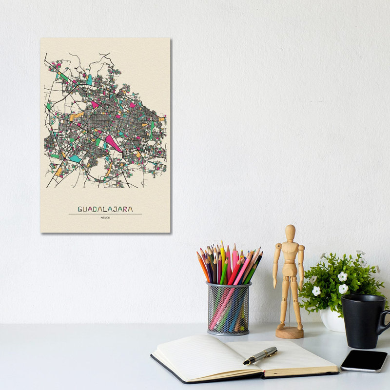 Guadalajara, Mexico Map by Ayse Deniz Akerman - Wrapped Canvas Gallery-Wrapped Canvas Giclée, 20.32 cm H x 30.48 cm W