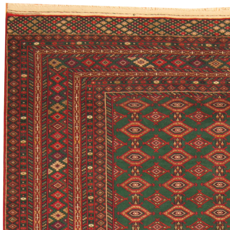 Tapis noué la turkoman vert 6 pi 6 x 9 pi 2 laine one-of-kind à la main