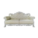 Faux Leather And Wood Sofa With Tufted Backrest In Bone White
