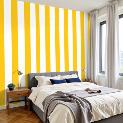 Peel and Stick Wallpaper Yellow Striped Abstract White Wall Murals 100"H x 144"W Removable PVC Wall Paper Self-Adhesive Wall Decor for Bedroom Living Room Home Office
