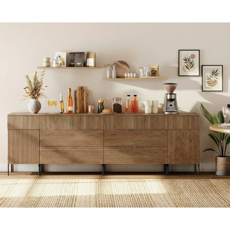 94.5" Wooden Reeded Sideboard With Built-In Charging Station, 4-In-1 Modern Credenza Storage Cabinet For Kitchen, Dining Room