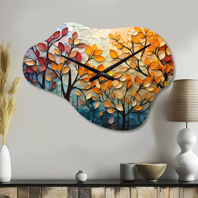 Horloge murale asymétrique en métal Rutkowski Leaves Autumnal Symphony Patchwork I - Leaves