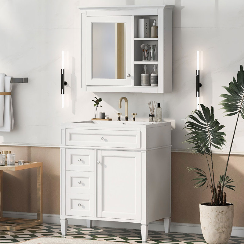 Denazia 30'' Single Bathroom Vanity with Ceramic Top, White, Silver