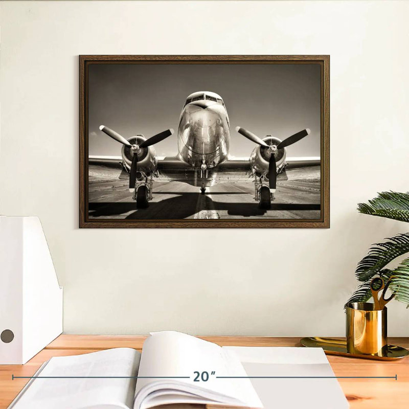 Avion rétro noir et blanc, 13 po x 9 po, Cadre flottant noyer