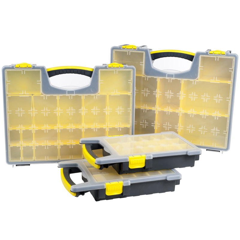 Ensemble de 4 boîtes à outils de rangement avec 3 compartiments dimensionnels en plastique transparent (jaune / noir)