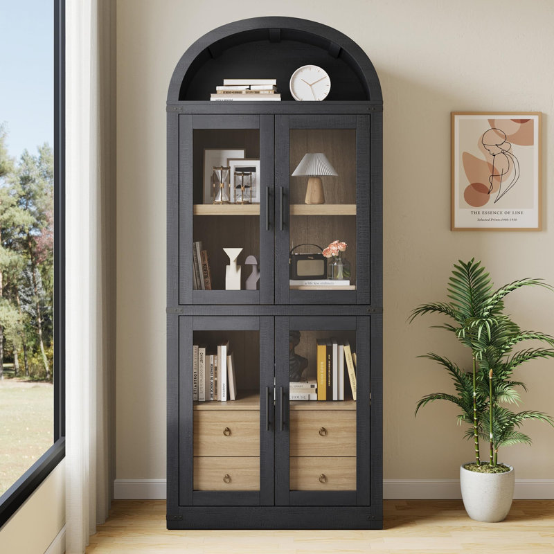 71.4" Arched Farmhouse Bookcase with Doors & Drawers, 15.8" Deep Wooden Display Cabinet for Living Room & Office, Black