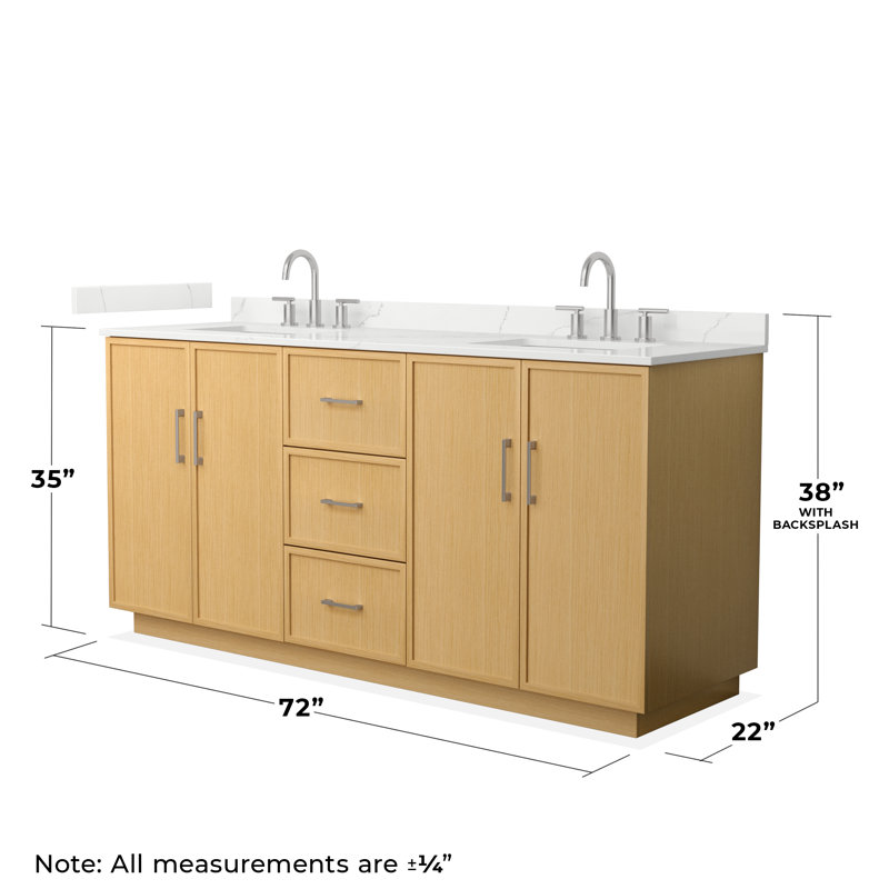 Elan TK 72" Freestanding Double Bathroom Vanity with Quartz Top, Brushed Nickel, Giotto Quartz, Light Oak