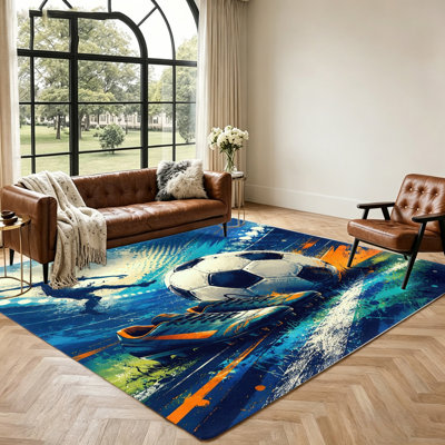 Soccer Theme Area Rug, Sports Fan Room Decor, Dynamic Art Print Indoor Floor Mat for Living, Bedroom, Boys, Game and Home Office, Non-Slip washable