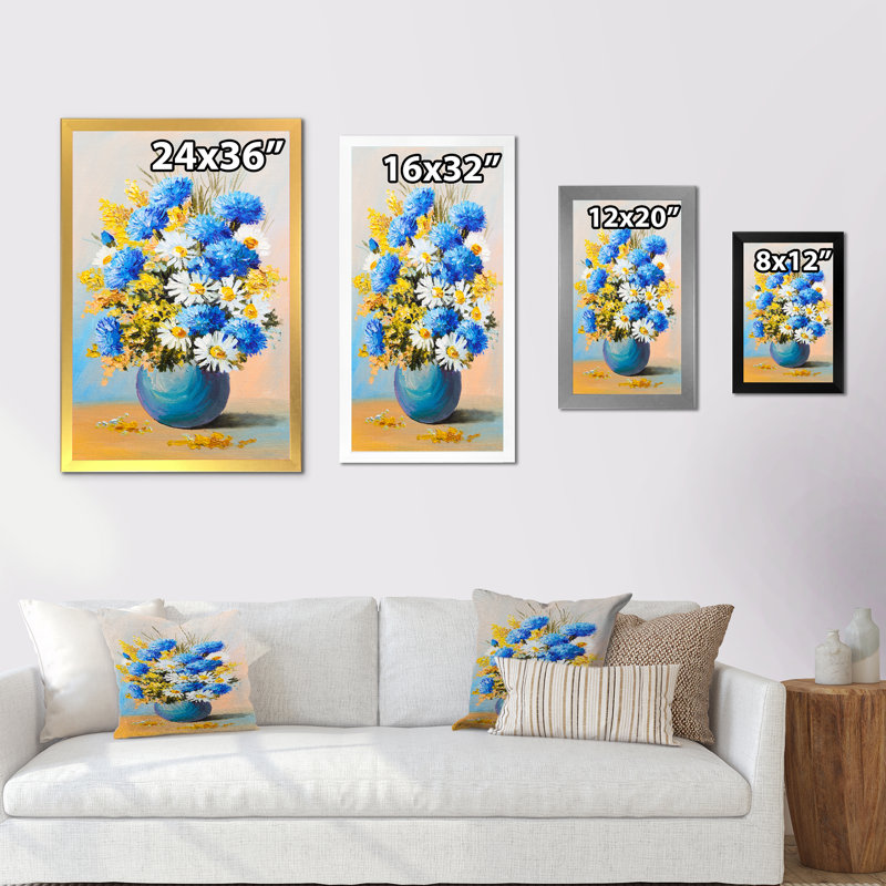 Un bouquet de fleurs bleues - peinture, Cadre photo noir, H 20 po x l 12 po x P 1 po