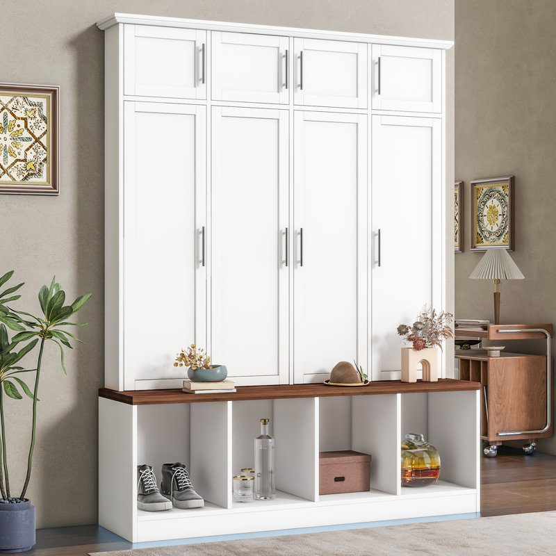 Versatile Hall Tree With 4 Hanging Hooks, Brown Wood Grain Bench With Multiple Storage Space, Entryway Cabinet With Open Compartments For Living Room, Hallway