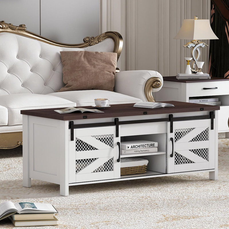 Verniet 48” Lift Top Coffee Table with Storage, Walnut, White