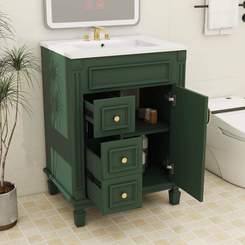 Ensemble de meuble-lavabo autoportant contemporain 24 pouces avec lavabo et deux tiroirs de rangement réglables pour les petites salles de bain
