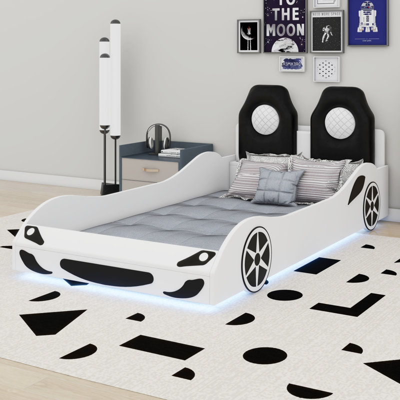 Lit plateforme en bois en forme de voiture avec dossier rembourré à DEL, Blanc