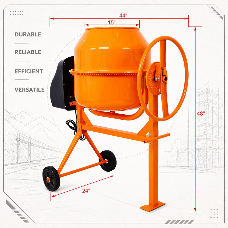 5 Cu. Ft Electric Cement Mixer with Cast-Iron Drum and Steel Frame