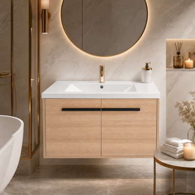 Meuble-lavabo de 30 po avec lavabo en résine, finition chêne naturel, armoire de rangement à deux portes, ensemble de meuble-lavabo en bois d'ingénierie pour petite salle de bain