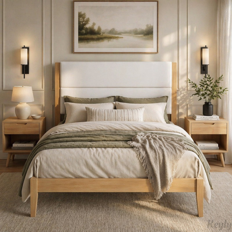 Lit plateforme Mid-Century avec tête de lit tapissier, Double, Naturel