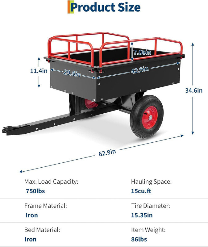 Remorque utilitaire et VTT 750 lb - Chariot à benne de jardin en acier de 15 pieds cubes, côtés amovibles, Red