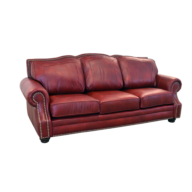 Canapé en cuir véritable de 100 po de largeur avec garniture cloutée Stana, Cuir véritable rouge foncé Brompton