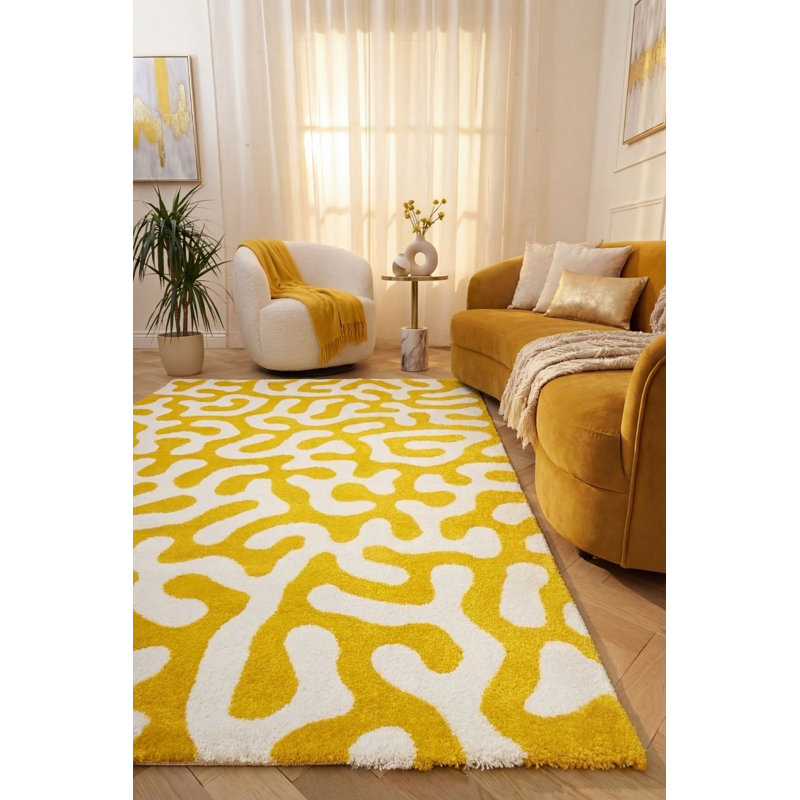 Joli Abstract Doodle Area Rug Soft Dense Pile for Living Rooms and Bedrooms, Rectangle 120 x 170 cm, Yellow/White