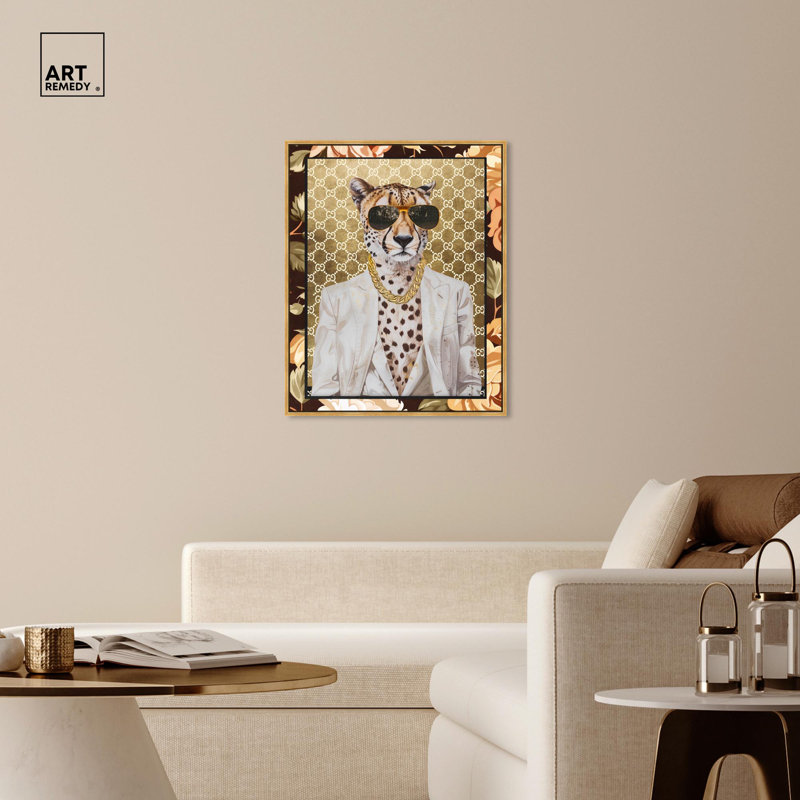 Art mural classique sur toile avec guépard, H 37 po x l 31 po, Cadre flottant doré