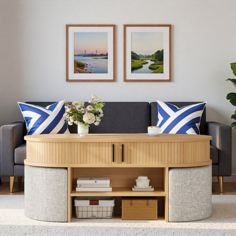 Table basse multifonctionnelle ovale avec rangement caché à lattes, compartiment de rangement ouvert et 4 tabourets courbés rembourrés