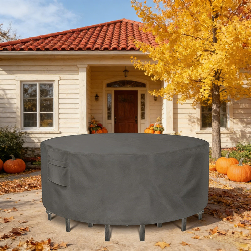 All-Season Waterproof UV Resistant Round Outdoor Table Cover, 84 x 28 Inches Gray - Dual Vents, Top Handles & 4 Corner Buckles