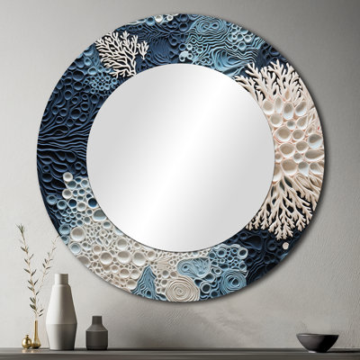 Under Water Blue And White Corals Collage - Coastal Unique Mirror, Coastal Large Round Wall Mirror, Printed Metal Art