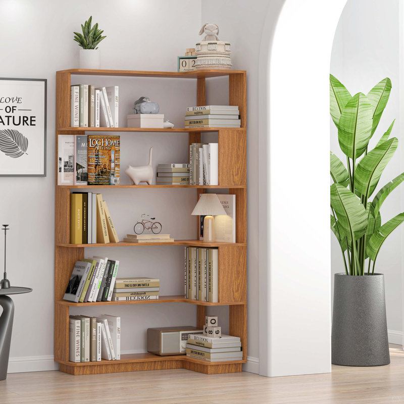 90Cm (35.43") Extended Size Freestanding Corner Bookshelf For Living Room, Bedroom, Home Office, Wooden Bookcase With Anti-Drop Panel And Anti Tipping Device, Open Storage Display Cabinet