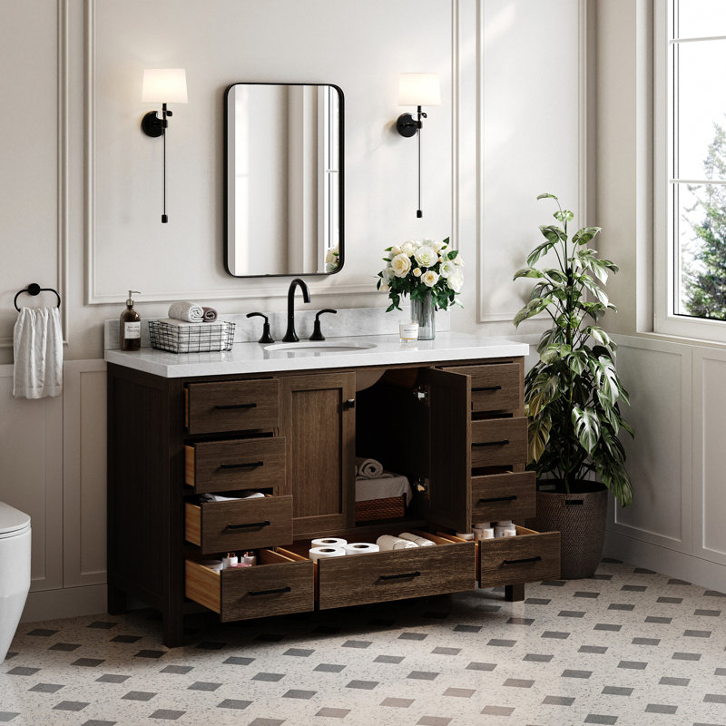 Ensemble de meuble-lavabo simple 55 po Amariani, Chêne brun / noir mat
