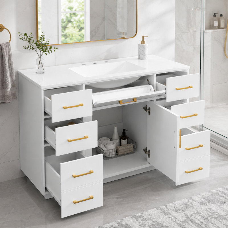Meuble-lavabo Highworth avec 7 tiroirs, poignées et porte à fermeture en douceur, Blanc