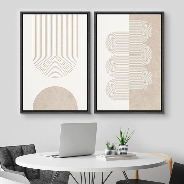 SIGNLEADER Framed Canvas Print Wall Art Set Pastel Tan White Geometric Wave Ribbons Abstract Shapes Illustrations Modern Art Decorative Contemporary F