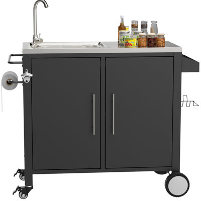 Évier de chariot d'extérieur 304 en acier inoxydable 304, 38 po x 18 po 35 po, mobile avec roulettes verrouillables, convient à la fabrication d'un barbecue de préparation à la maison, 360 roues et un support à épices